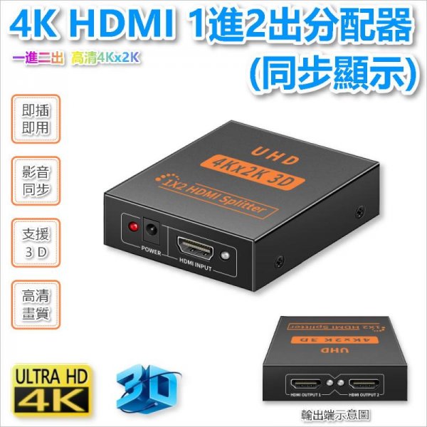 4K HDMI 1進2出分配器(同步顯示)